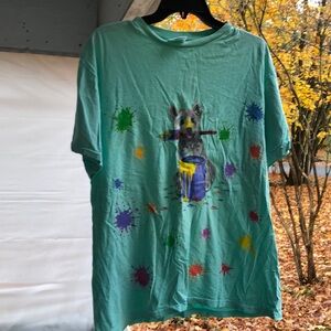 Mint green short sleeve tee shirt with dog with paint brush